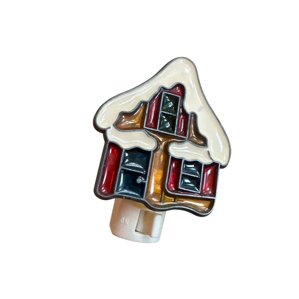 Stained Glass Style Plastic Night Light With Snowy House Design Winter Holiday